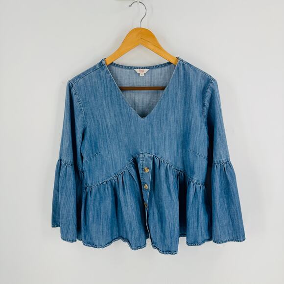 Boutique Fosh Chambray Peplum Blouse Long Bell Sleeve V-Neck Denim Top Size L - Picture 7 of 7